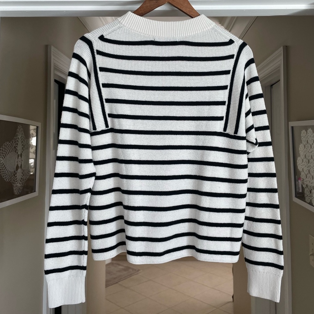 Banana Republic Crewneck Ribbed Striped Sweater Merino Wool Blend Cream Black M - Picture 3 of 14